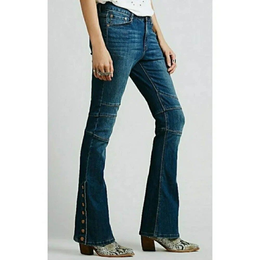 Free People Skylar Moto Flare Jeans 26 Button Hem Bell Bottom Western Boho